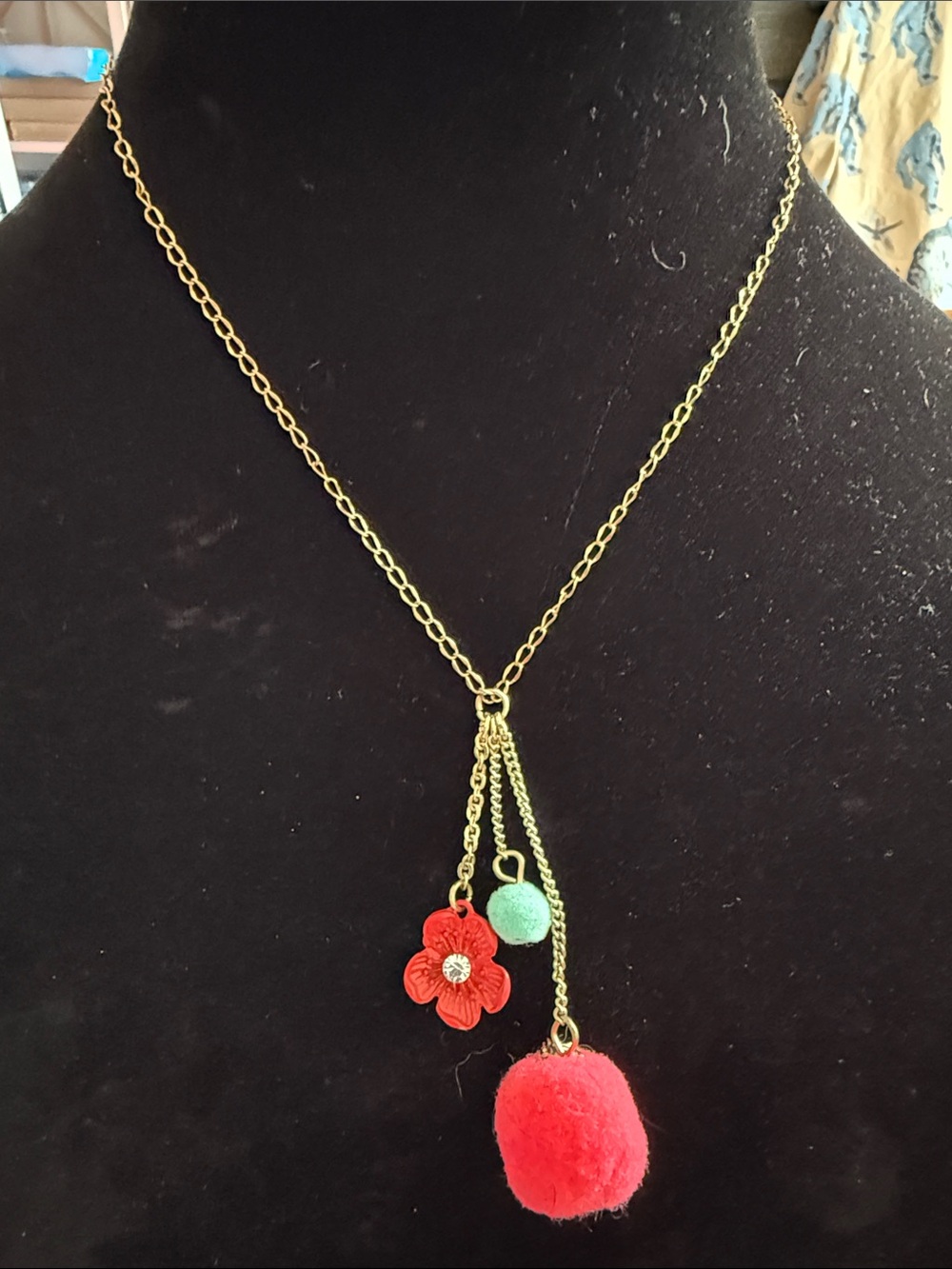 New Handmade womens Necklace 12” metal red flower & 2 Pom Poms